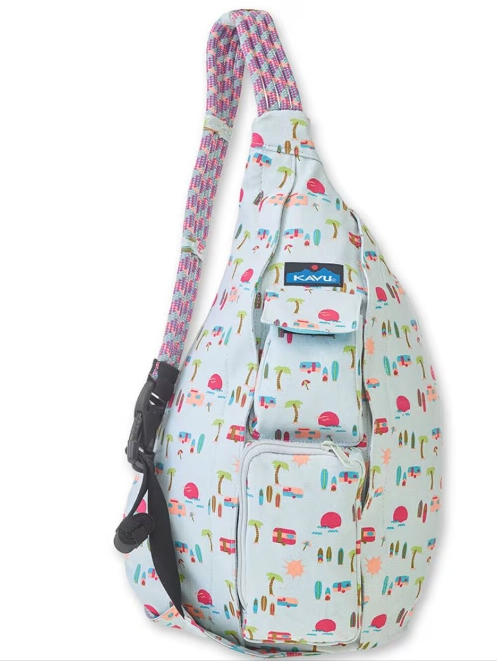 KAVU Beach Surfer Camper Surf Light Blue Patterned Sling Rope Shoulder Bag Purse